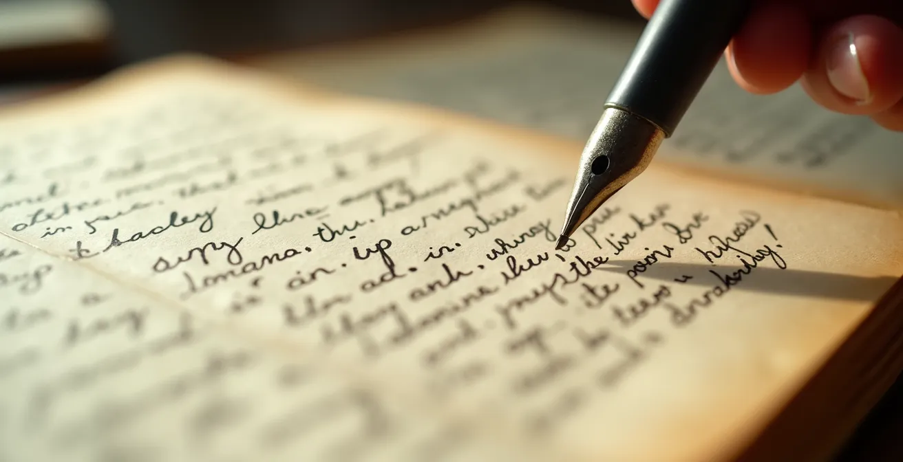 Gros plan détaillé d'une page manuscrite montrant ratures minimalistes, annotations en marge, et croquis de personnages