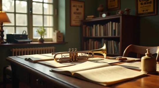 Un atelier d'écrivain des années 1940 mêlant jazz et pataphysique, avec manuscrits, instruments de musique, et objets surréalistes