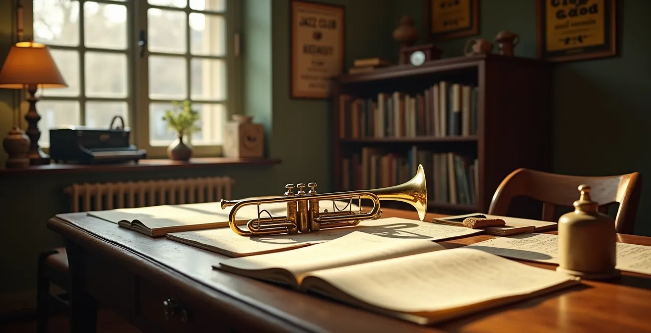 Un atelier d'écrivain des années 1940 mêlant jazz et pataphysique, avec manuscrits, instruments de musique, et objets surréalistes